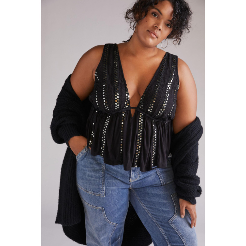 Anthropologie Forever That Girl Black Bohemian Sequin Tassel Tank Top L